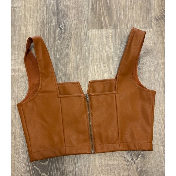 Anthropologie Maeve‎ Vegan Leather Notch Tank Crop Top Brown Size 6 NWT - Picture 3 of 5